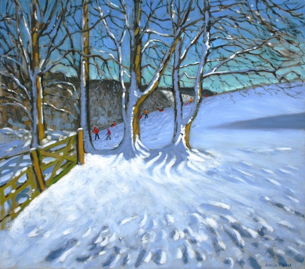 British Artist ANDREW MACARA  - Children Sledging, Dam Lane, Alsop-en-le-Dale
