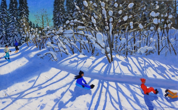 ANDREW MACARA - sledging and skiing down the trail, morzine