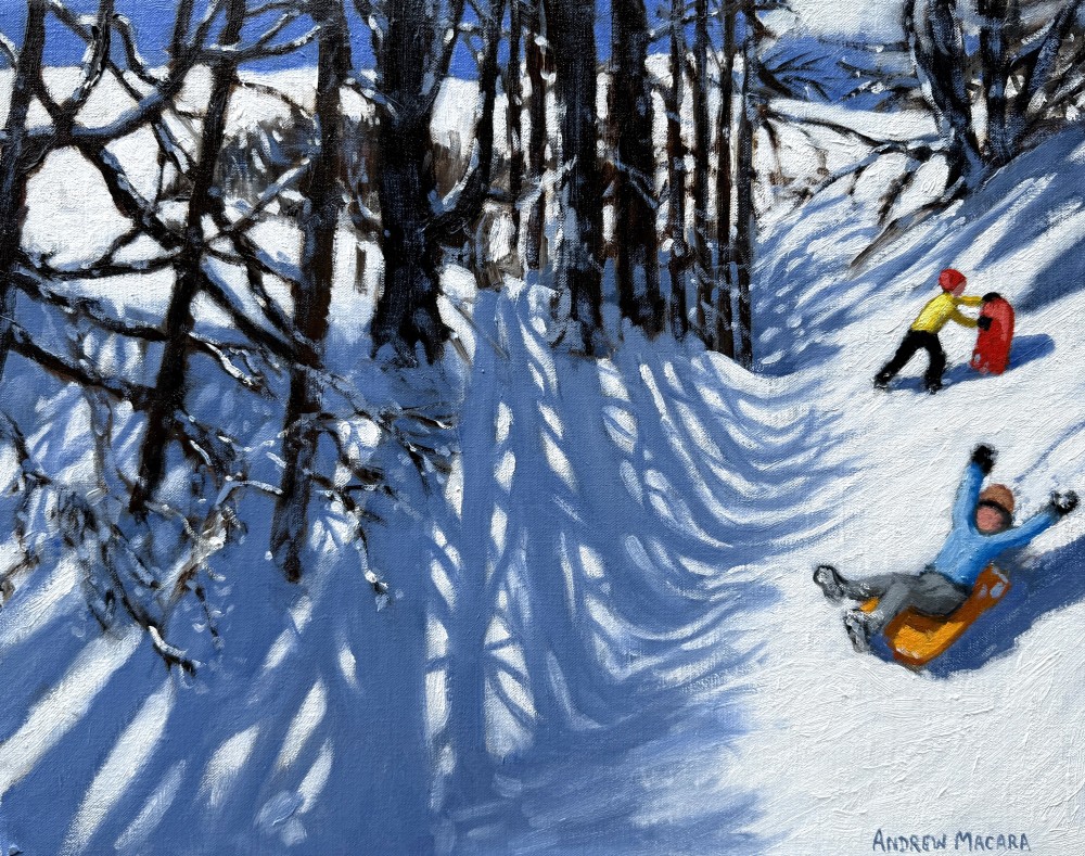 British Artist ANDREW MACARA - Red and Yellow Sledges, Verbier, Switzerland