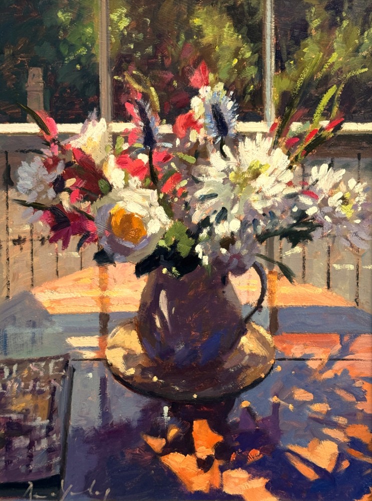 British Artist Bruce Yardley - Flowers on Mahogany