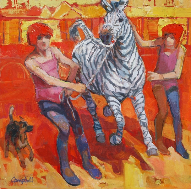 Two Girls, a Zebra and a Small Dog