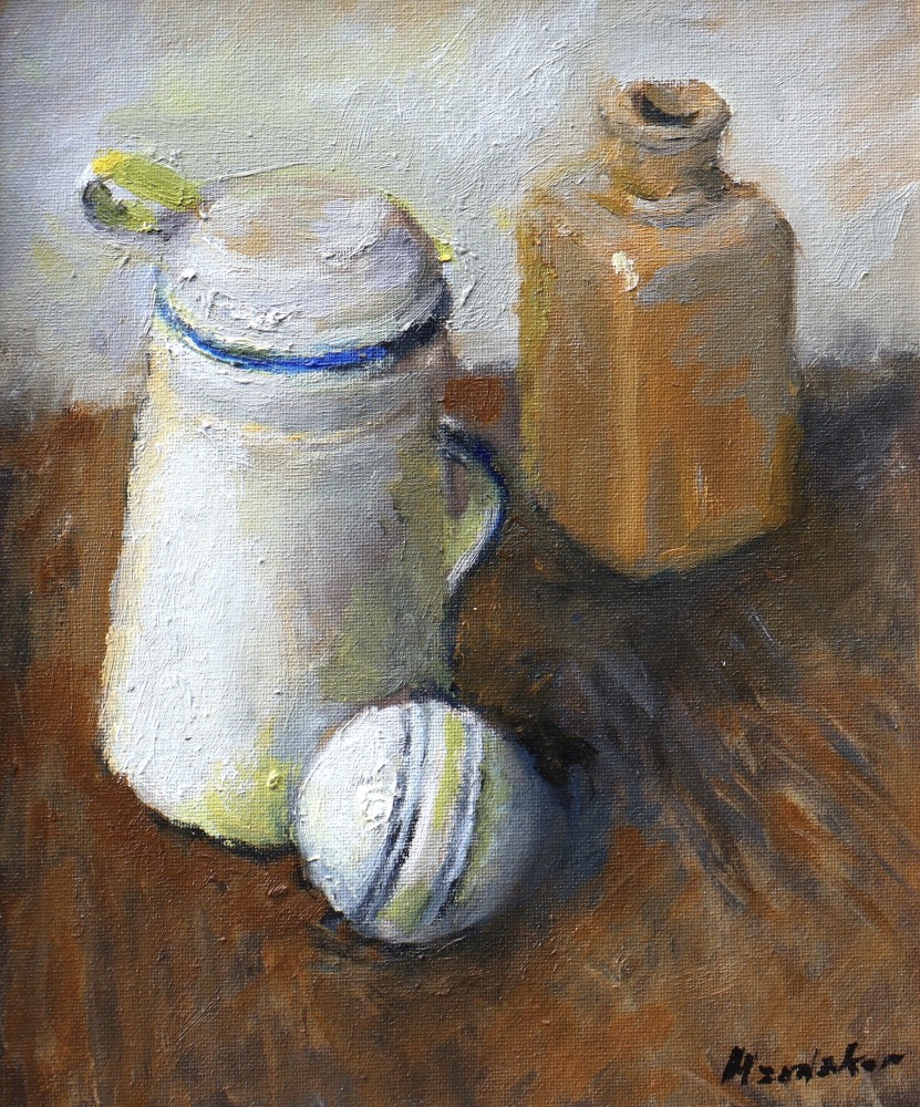Still Life - White Ball and Stoneware Bottle