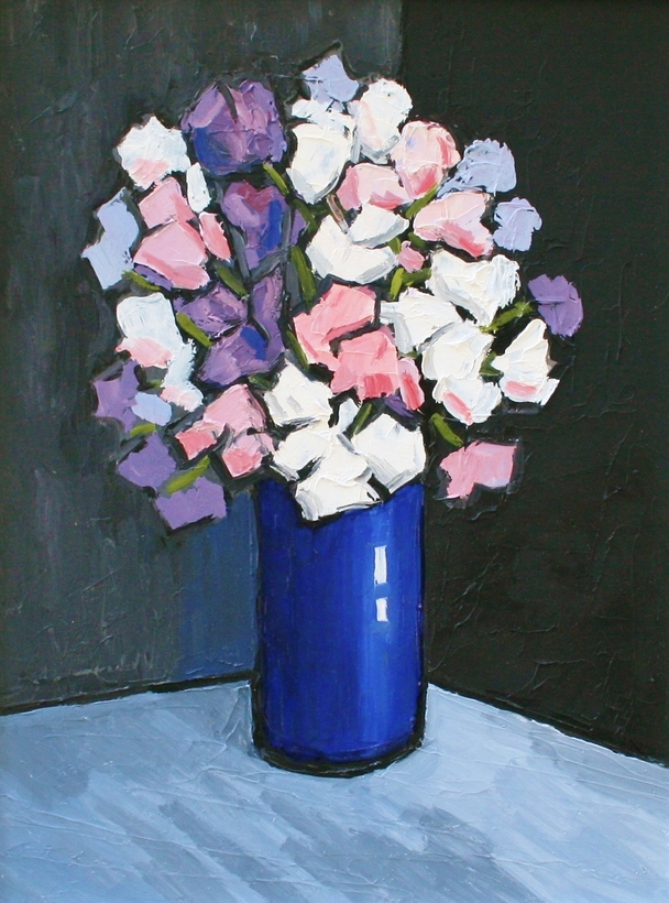 David Barnes - sweet peas in blue vase