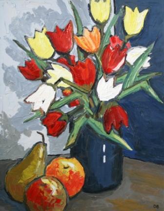 DAVID BARNES - tulips, blue vase and fruits 