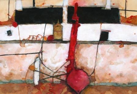 DAVID SMITH - tarbert bothy with red markers and buoys