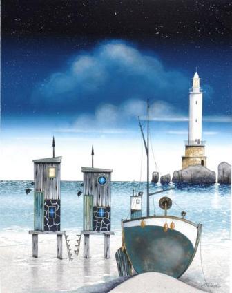 British Print Artist GARY WALTON - Moonlight Mooring
