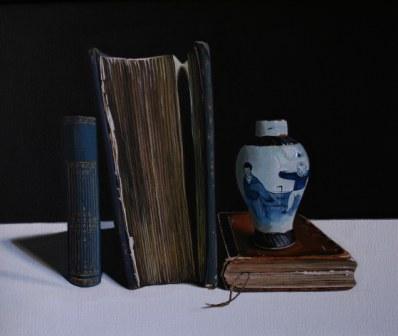 JANE CRUICKSHANK - old books with blue china pot