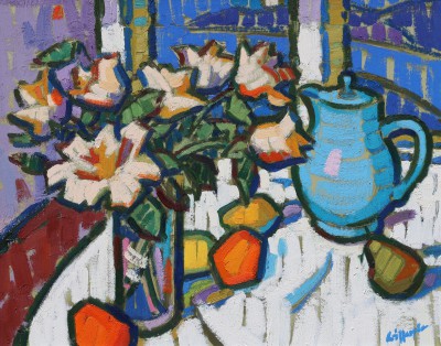 JOAN GILLESPIE - roses and blue coffee pot
