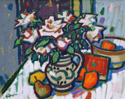 JOAN GILLESPIE - roses in decorated jug