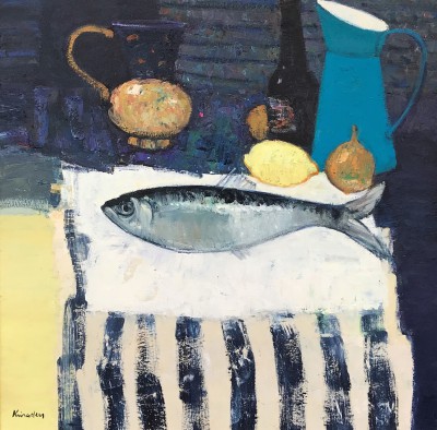 JOHN KINGSLEY - still life with fish and striped cloth