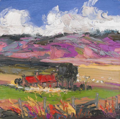 JUDITH BRIDGLAND - sheep by red roofed cottage, glenlivet