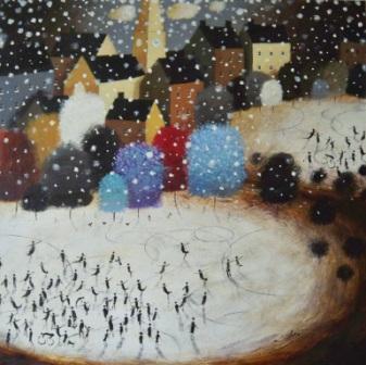 Happy Friends Skating on Wintry Day