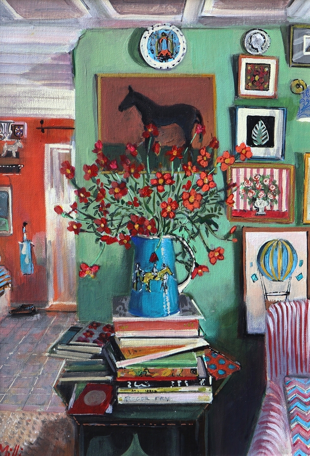 Green Interior with Flowers & Books