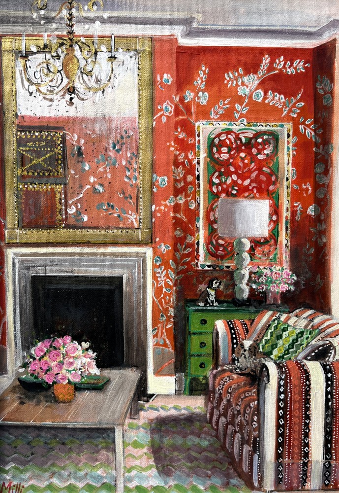British Artist LOUISE MILLIN - Floral orange wallpaper interior