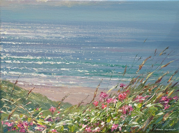 Mark Preston - red valerian and glistening sea, sennen