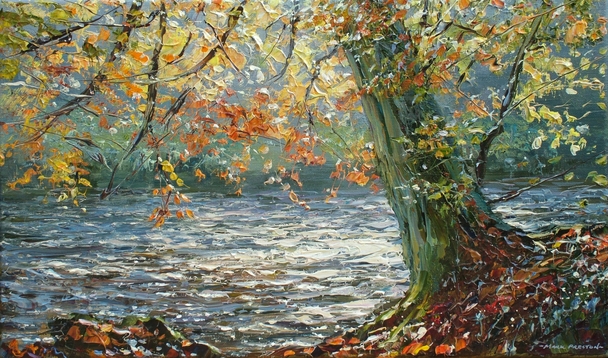 MARK PRESTON - sunlit beech tree, river wye