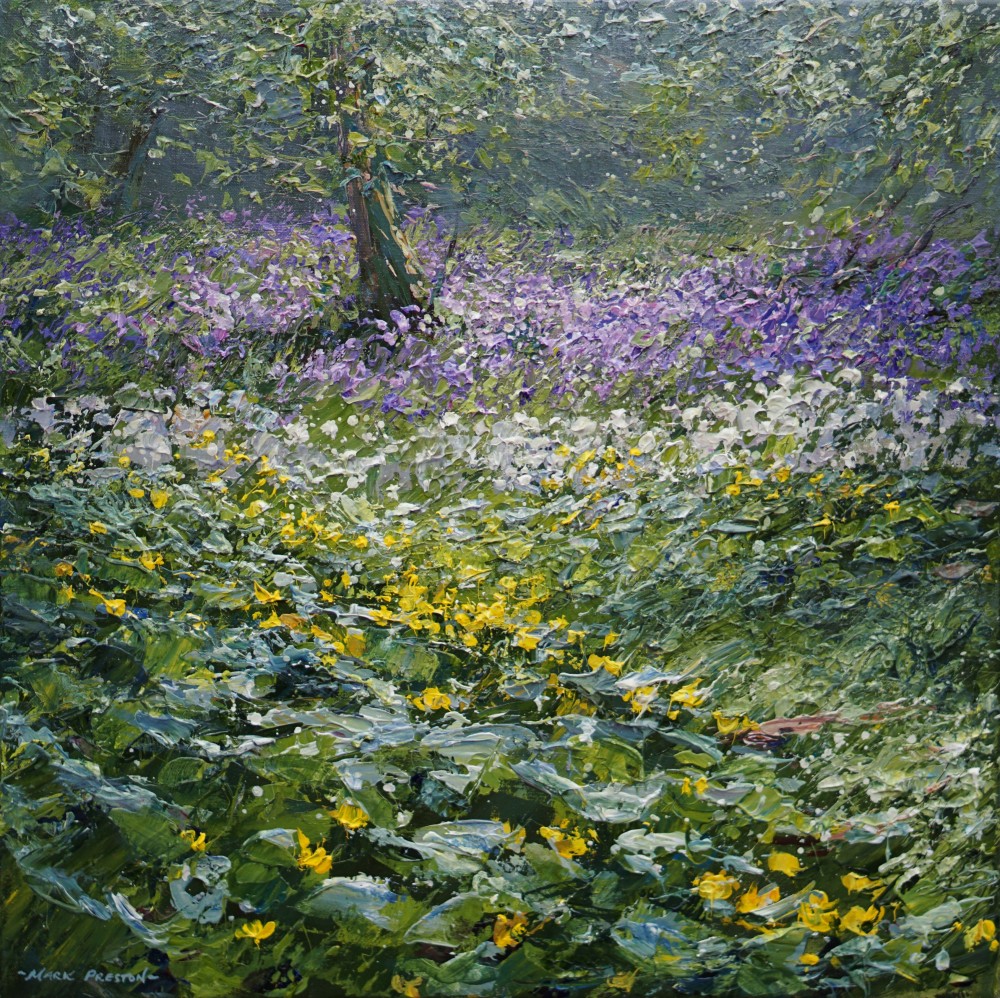British Artist MARK PRESTON - Bluebells, Ramsons and Marsh Marigolds, Clough Wood