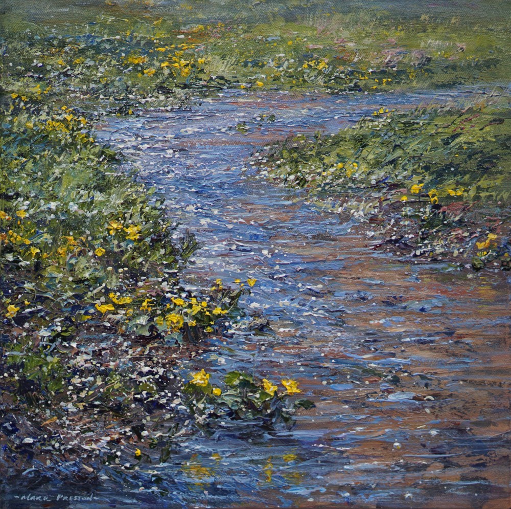 British Artist MARK PRESTON - Clear Water and Marsh Marigolds, Monk's Dale