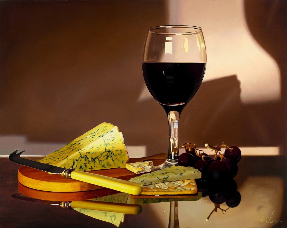 British Artist MICHAEL DE BONO - Red Wine with Grapes and Cheese