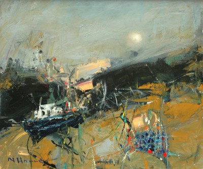 NAEL HANNA - foggy moon with fishing boat