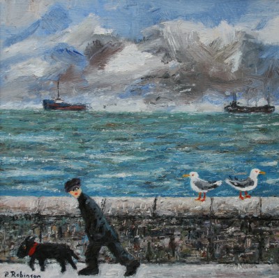 Man Walking with Dog and Two Seagulls