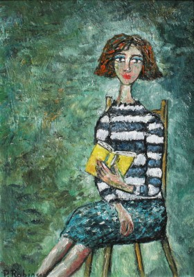 Lady reading Yellow Book