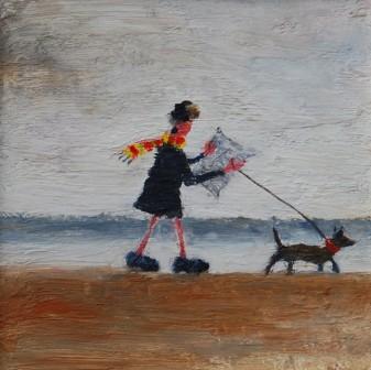 Paul Robinson - lady reading a newspaper and walking the dog