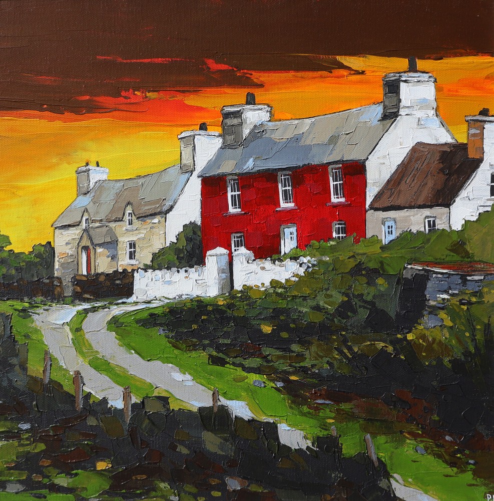 British Artist PETER MORGAN - Abereiddy Cottages, Sunset