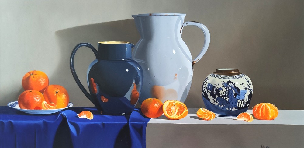 Two Jugs with Clementines in an Oriental Bowl
