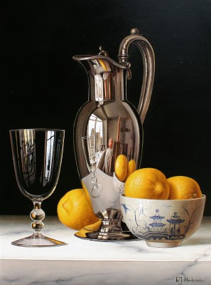 ROY HODRIEN - silver flagon with lemons in chinese bowl