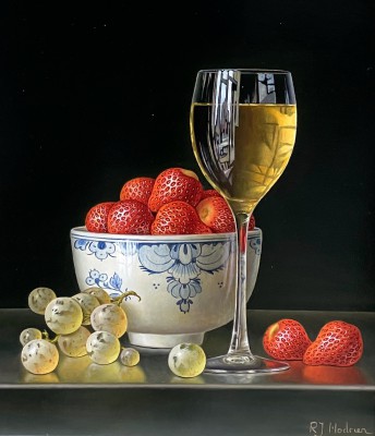 ROY HODRIEN - strawberries in a delft bowl and white wine