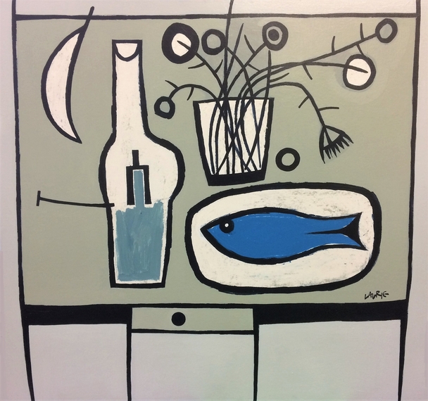 Simon Laurie - blue fish, lamp and flowers