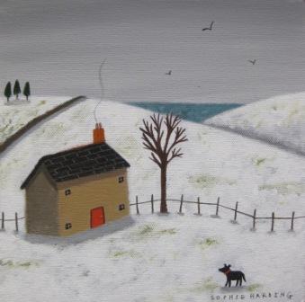 Cottage, Snow and Black Dog