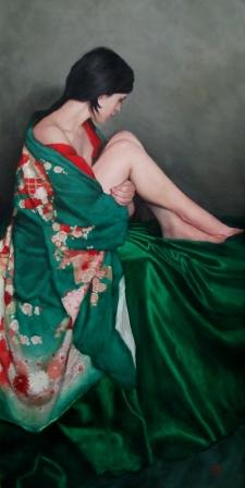 Seated in Green Furisode Kimono