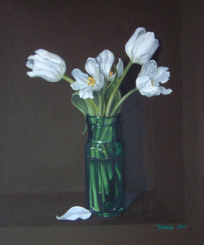 TOBIAS HARRISON - white tulips in a green glass jar