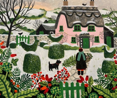 VANESSA BOWMAN - pink cottage and snowy topiary
