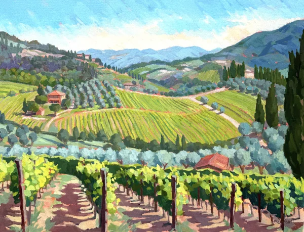 British Artist ANNABEL PLAYFAIR - Vineyards above Montefioralle, Tuscany