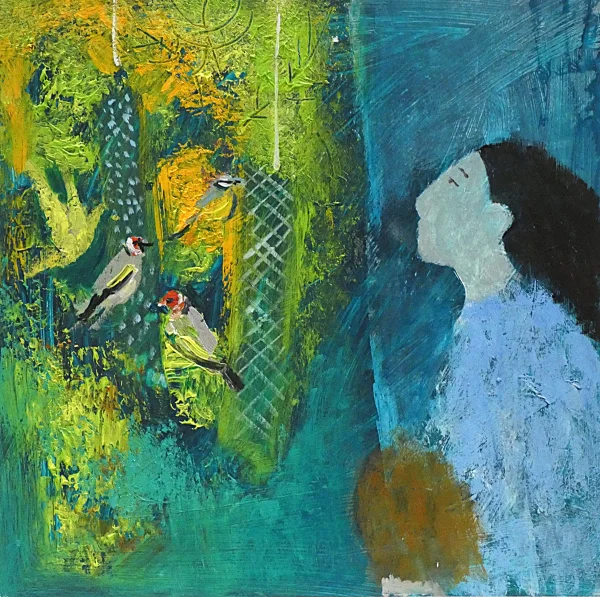 British Artist HELEN TABOR - Goldfinches on the Nuts