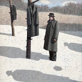British Artist MARK EDWARDS - Two Coats, Three Men, a Train and a Red Balloon