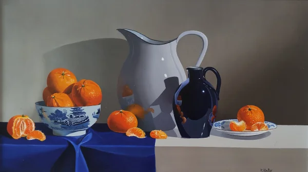 British Artist ROB WALKER - Enamel jug with Clementines in an Oriental Bowl