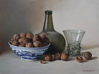Onion Bottle and Walnuts in a Chinese Bowl