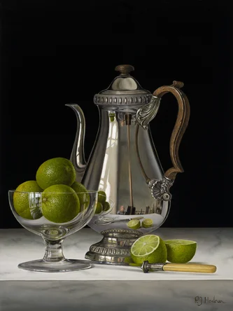 British Print Artist ROY HODRIEN - Silver Coffee Pot with Limes