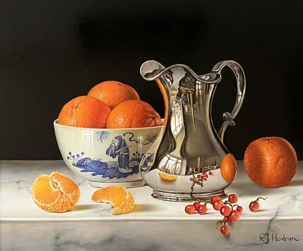 British Artist Roy Hodrien - Mandarins and Silver Jug