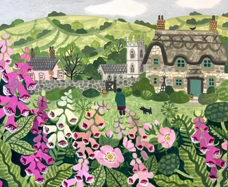 Cottage, Foxgloves and Dog Roses