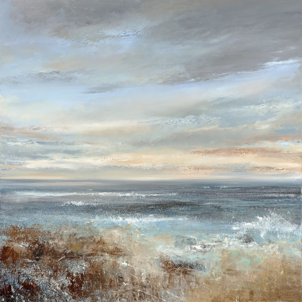 Amanda Hoskin - salty spray disappears into the glistening rocks, cornwall