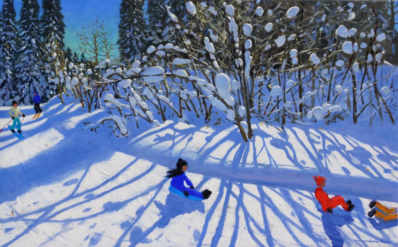 Andrew Macara - sledging and skiing down the trail, morzine