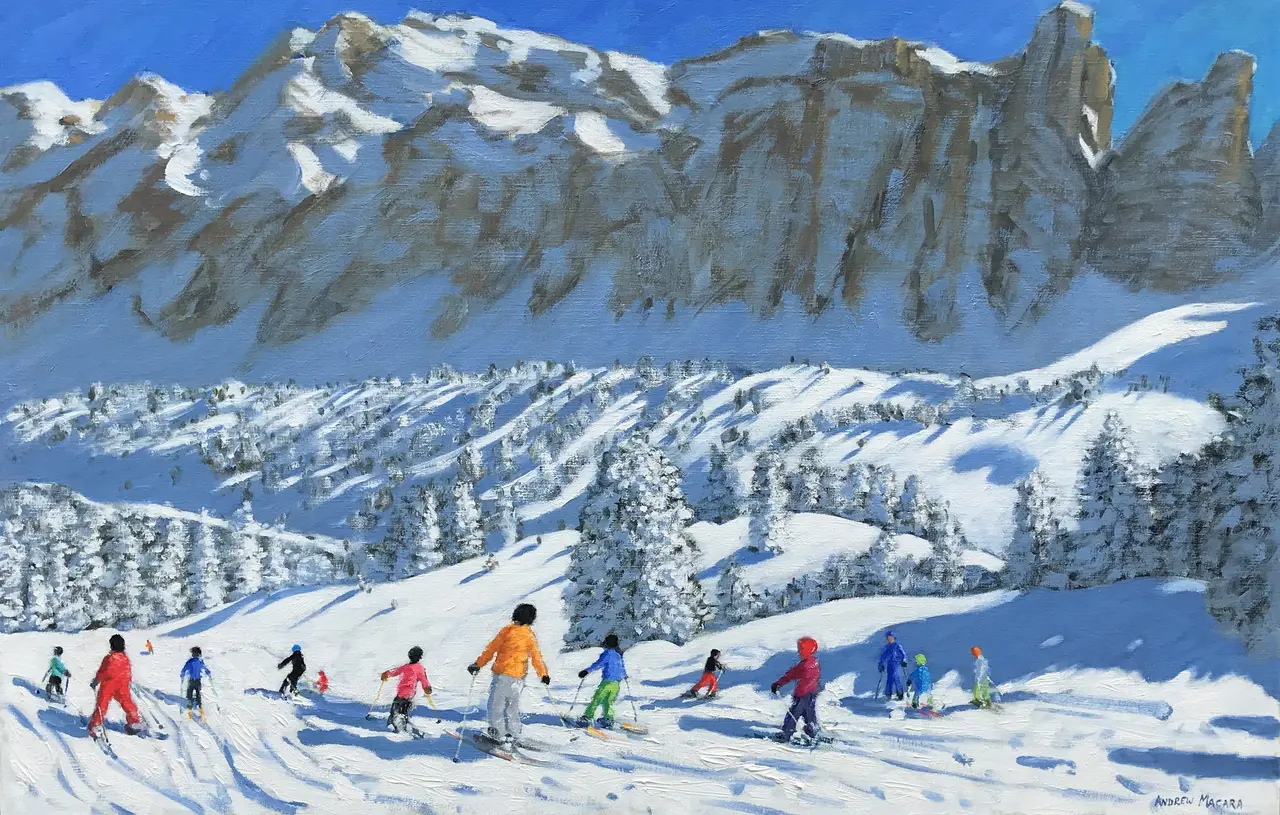 Andrew Macara - colourful skiers, val gardena, italy