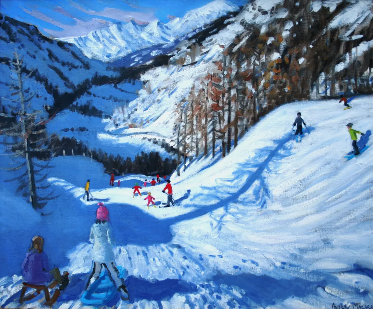 Andrew Macara - shadow of a fir tree and skiers, tignes