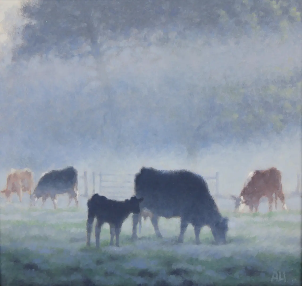 Ann Heat - black cow and calf in the morning