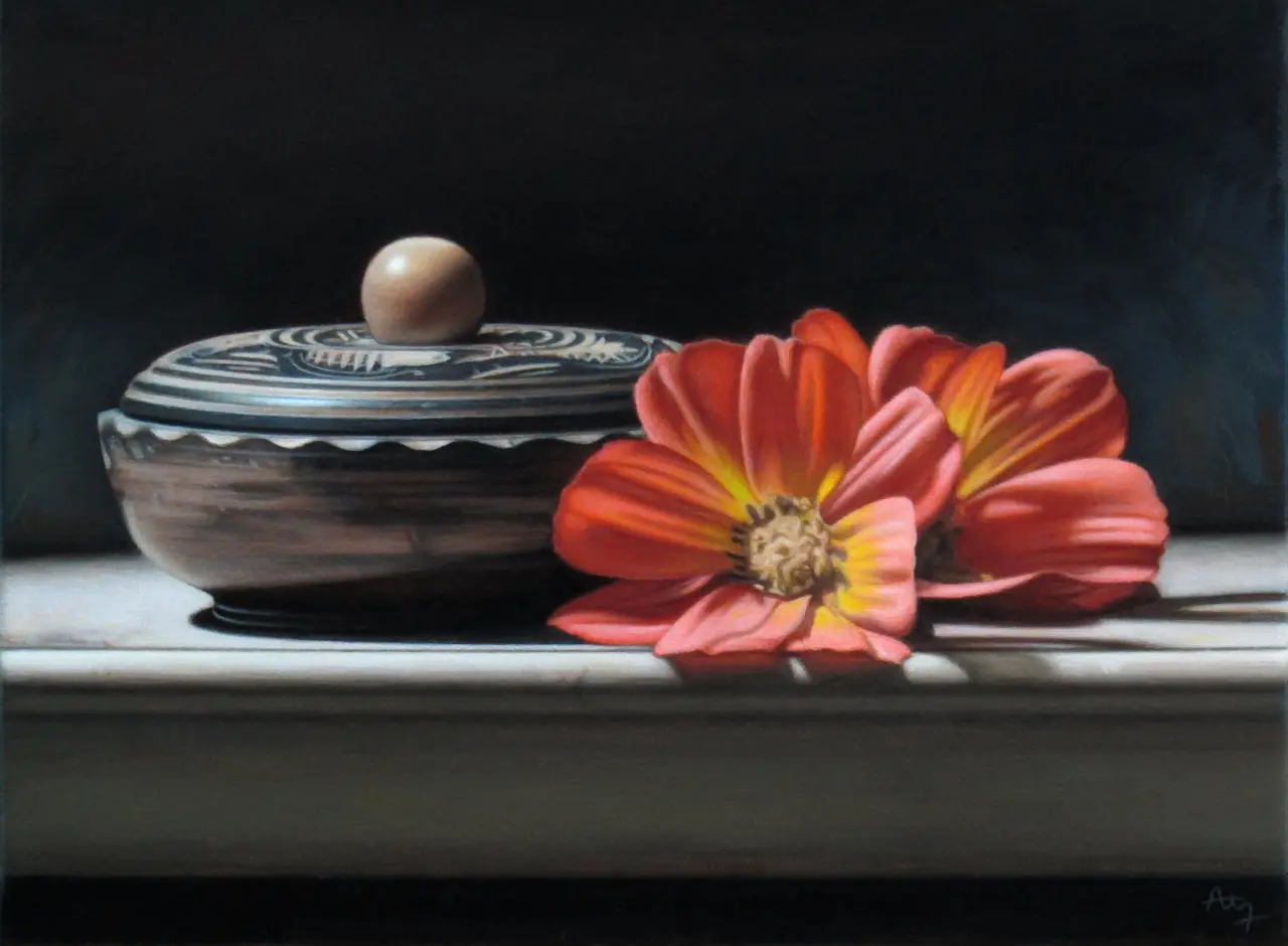 Anthony Ellis - still life with patterned bowl and flowers
